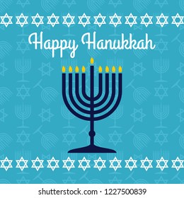 Happy Hanukkah poster or greeting card with menorah. Vector illustration.