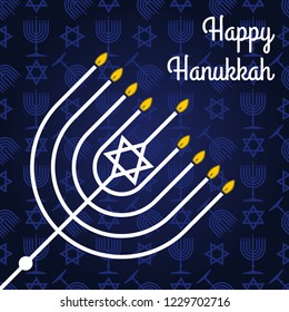 Happy Hanukkah poster or greeting card with menorah. Vector illustration.