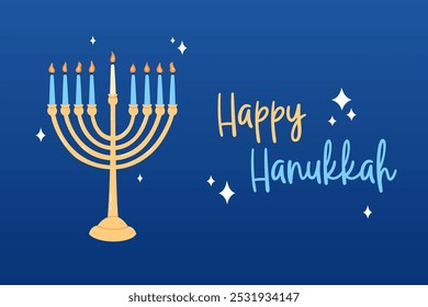 Happy Hanukkah poster, greeting card, banner. Jewish festival of lights. Traditional 9 candles menorah as Hannukah holiday symbol. Vector illustration