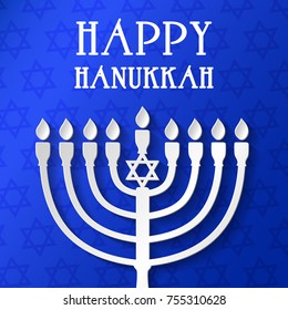 Happy Hanukkah - poster with menorah. Vector.