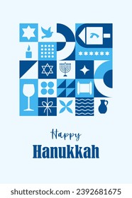 Happy Hanukkah poster. Modern neo geometric abstract background. Postcard, invitation, header for website. Composition of simple traditional icons in bauhaus minimalist style. Vector illustration.