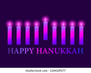 Happy hanukkah. Poster with nine candles, violet gradient. Vector illustration