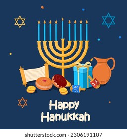 Happy hanukkah poster. Traditional Israeli holiday and festival 7 december. Jug with drink, gift, donuts and candlestick. Dreidels, spinning top, Hebrew letters. Cartoon flat vector illustration