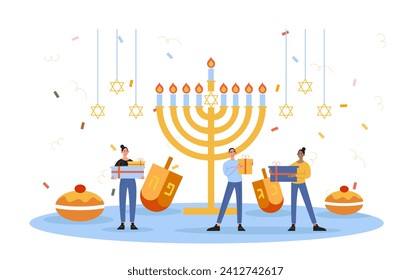 Happy Hanukkah poster. Traditional Jewish holiday and festival. Man and woman with golden candlestick. Tradition and religion. Cartoon flat vector illustration isolated on white background