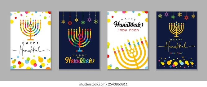 Happy Hanukkah posters set with colored menorah and typography. Hanukkah vector concept background with traditional items for flyers, banners, magazine or book cover, invitation cards