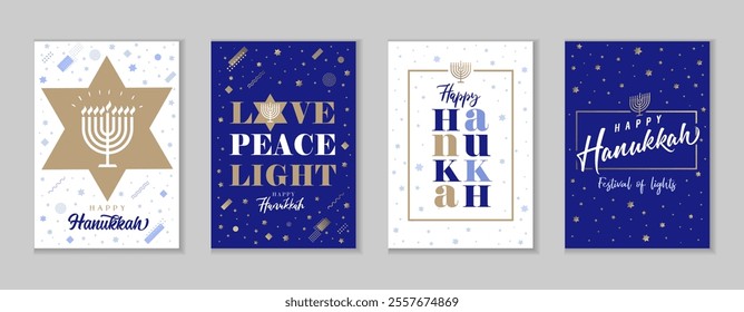 Happy Hanukkah posters set, Festival of light 2025. Chanukah vector creative cards with magen David, Menorah candle, typography and memphis elements