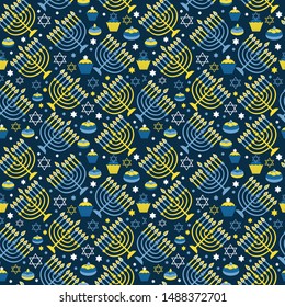 Happy Hanukkah print Background with Menorah, David Star and . Seamless pattern on dark.