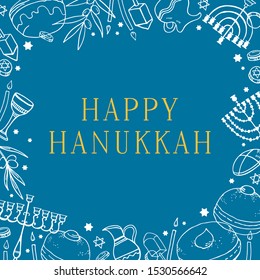 Happy Hanukkah. Rectangular frame design template. hand drawn outline vector sketch with traditional holiday objects white on blue background