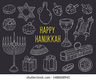 Happy Hanukkah religion sketches. Vector symbols of jewish holidays. Hanukkah menorah, David Star, torah and dreidel, donuts, scroll and incense box isolated on white background.