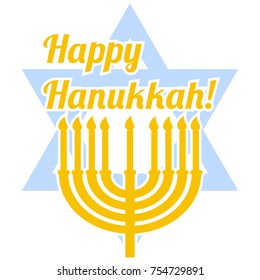 Happy Hanukkah. Religious Jewish holiday. Vector illustration with menorah and David star on a white background. Template for greeting poster, card.