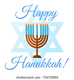 Happy Hanukkah. Religious Jewish holiday. Vector illustration with menorah and David star on a white background. Template for greeting poster, card.