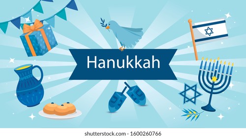 happy hanukkah with ribbon and icons vector illustration design