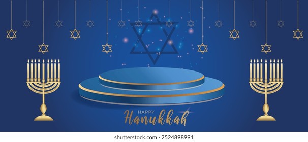 Feliz Hanukkah Round Podium Stage. com inscrição dourada e estrela de David Candle Holder com velas de queimação Hanukkah Celebration Candelabra tradicional Israel Decoração Vetor Ilustração