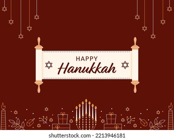 Happy Hanukkah Scroll Paper Banner With Line Art Festival Elements Decorated On Red Background.