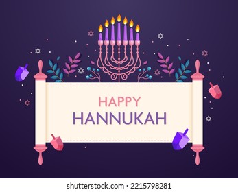 Happy Hanukkah Scroll Paper Banner With Lit Candelabra, Leaves, Dreidels, Star Of David Decorated On Purple Background.