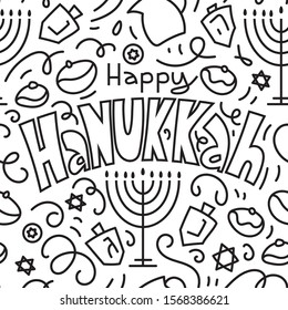 Happy Hanukkah Seamless Pattern Background. Holiday symbols: menorah (candlestick), candles, donuts, dreidel. Happy Hanukkah. Vector illustration hand drawn doodles style.