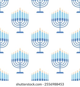 Happy Hanukkah seamless pattern. Blue Jewish holiday print with menorah.