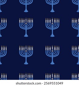 Happy Hanukkah seamless pattern. Blue Jewish holiday print with menorah. Flat vector illustration.