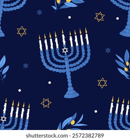 Happy Hanukkah seamless pattern. Blue Jewish holiday print with menorah and olive branches. Flat vector illustration.