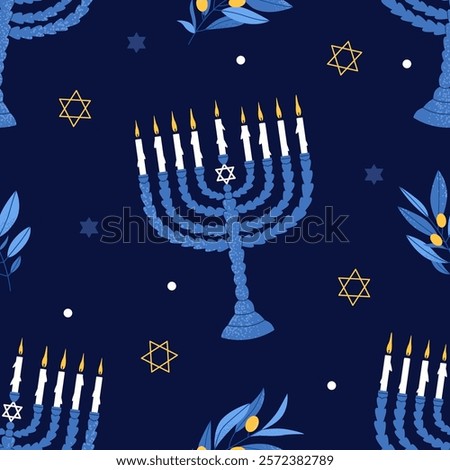 Happy Hanukkah seamless pattern. Blue Jewish holiday print with menorah and olive branches. Flat vector illustration.