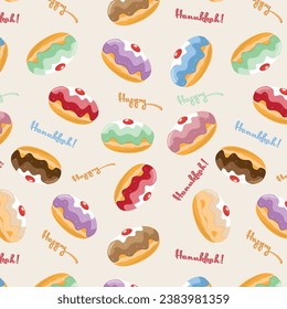 Happy Hanukkah seamless pattern with colorful jelly donuts