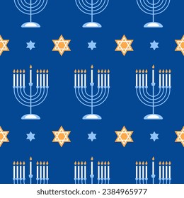 Happy Hanukkah seamless pattern with creative symbols on blue background. Modern festive design for wallpaper, wrapping paper, fabric, banner. Vector illustration