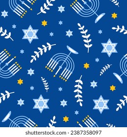 Happy Hanukkah seamless pattern with creative symbols on blue background. Modern festive design for wallpaper, wrapping paper, fabric, banner. Vector illustration