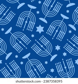 Happy Hanukkah seamless pattern with creative symbols on blue background. Modern festive monochrome design for wallpaper, wrapping paper, fabric, banner. Vector illustration