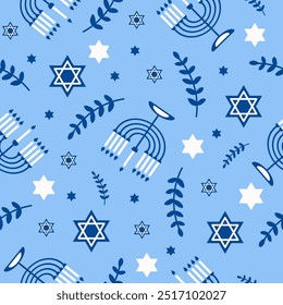 Happy Hanukkah seamless pattern with creative symbols on blue background. Modern festive design for wallpaper, wrapping paper, fabric, banner. Vector illustration