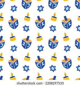 Feliz Hanukkah sin fisuras con dreidel, velas y estrella de David. La festividad judía repite un interminable trasfondo. Impresión de textura de ilustración vectorial. Diseño colorido de estilo plano