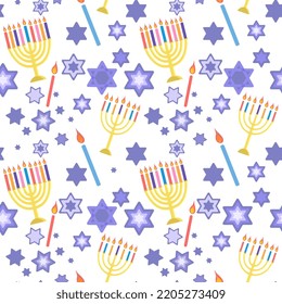 Happy Hanukkah seamless pattern. Golden menorah and blue David stars and candles on white background. Vector illustration in flat cartoon style 