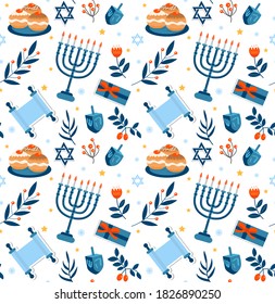 Happy hanukkah seamless pattern. Hanukkah Jewish holiday repeating texture, endless background. Vector illustration