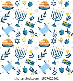 Happy hanukkah seamless pattern. Hanukkah Jewish holiday repeating texture, endless background. Vector illustration