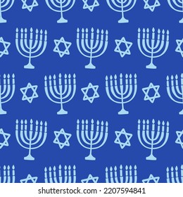 Happy hanukkah seamless pattern. Jewish holiday repeating endless background with Menorah. Vector illustration texture print on blue backdrop.