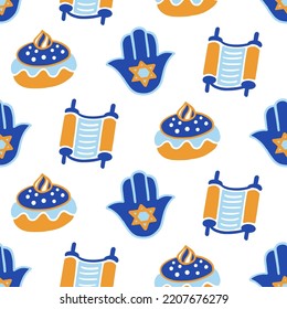 Happy hanukkah seamless pattern. Jewish holiday repeating endless background with Torah scroll and Hamsa. Vector illustration texture print.