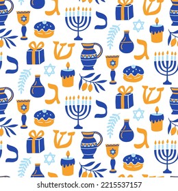 Happy hanukkah seamless pattern. Jewish holiday repeating endless background with Menorah, Hebrew letters doodles. Vector illustration texture print.