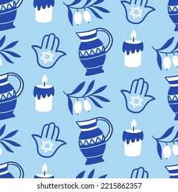Happy hanukkah seamless pattern. Jewish holiday repeating endless background with Hamsa, olive oil, candle. Vector illustration texture print.