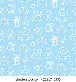 Happy hanukkah seamless pattern. Jewish holiday repeating endless background with dreidel, Torah scroll doodle symbolic icons. Vector illustration texture print on blue backdrop.