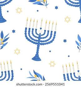 Happy Hanukkah seamless pattern. Jewish holiday print with menorah. Flat vector illustration on white background.