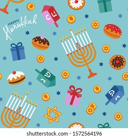 Happy Hanukkah seamless pattern with menorah, dreidels, gift boxes, hebrew letters, donuts, star David. Jewish Festival of Lights vector template.