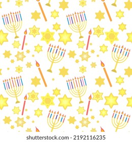 Happy Hanukkah seamless pattern with menorah and David stars and candles on white background Vector illustration in flat cartoon style for wrapping paper, textile, fabric 