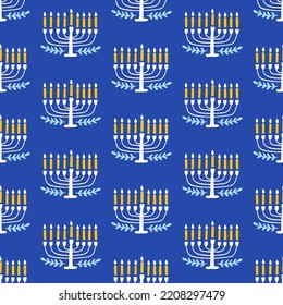 Happy Hanukkah seamless pattern.  Menorah candlestick background, Jewish holiday repeating endless texture print. Flat style colorful design Vector illustration