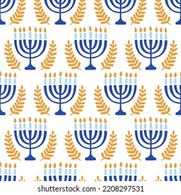 Happy Hanukkah seamless pattern.  Menorah candlestick background, Jewish holiday repeating endless texture print. Flat style colorful design Vector illustration