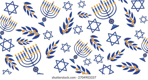 Feliz Hanukkah patrón sin fisuras con Menorá, celebración de Hanukkah, fiesta judía, repitiendo un fondo interminable de Hanukkah. Impresión de textura de Ilustración vectorial.