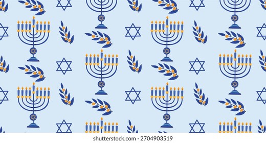 Feliz Hanukkah patrón sin fisuras con Menorá, celebración de Hanukkah, fiesta judía, repitiendo un fondo interminable de Hanukkah. Impresión de textura de Ilustración vectorial.
