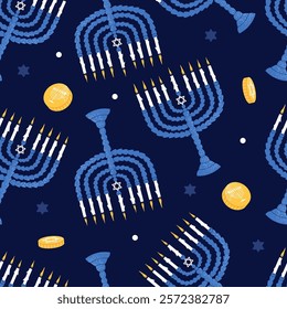 Happy Hanukkah seamless pattern with menorahs. Jewish holiday print with menorah. Flat vector illustration on blue background.