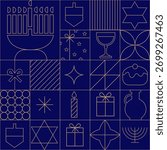 Happy Hanukkah seamless pattern. Modern geometric in Bauhaus minimalist style. Composition of simple traditional Jewish line icons. Cards with Menorah, Dreidel