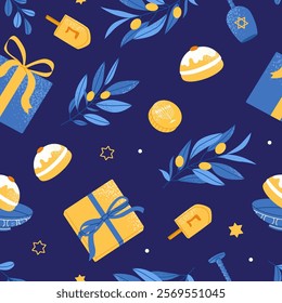 Happy Hanukkah seamless pattern. Modern festive design for wallpaper, wrapping paper, fabric, banner. Flat vector illustration on blue background.