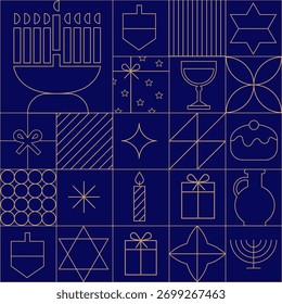 Happy Hanukkah nahtloses Muster. Moderne geometrische im Bauhaus minimalistischen Stil. Komposition von einfachen traditionellen jüdischen Linien Icons. Karten mit Menorah, Dreidel