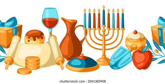 Happy Hanukka nahtloses Muster mit religiösen Symbolen. Hintergrund mit Ferienobjekten.